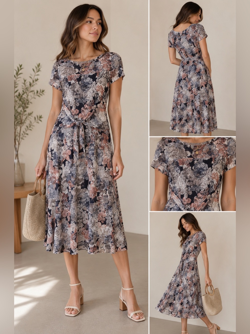 Perceptions New York Floral Mesh Midi Dress Small Front Tie Lined Short Sleeve S